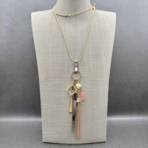 WHBM‎ Gold Tone Pendant Necklace Modern Geometric Charms Pink Bead Tassel 28"